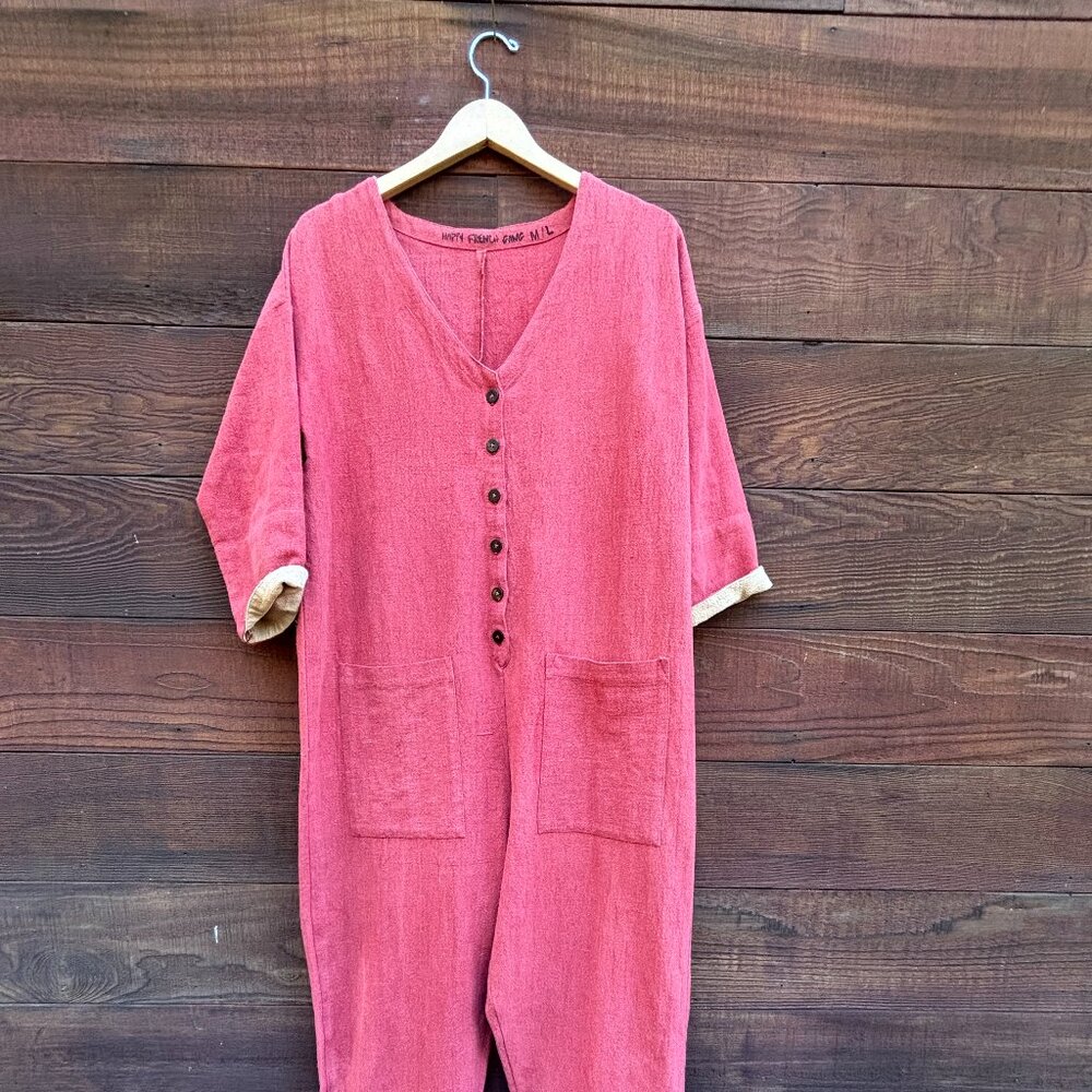 Womens Happy French Gang Jumpsuit EUC Button M/L Medium Large Faded Rose Red